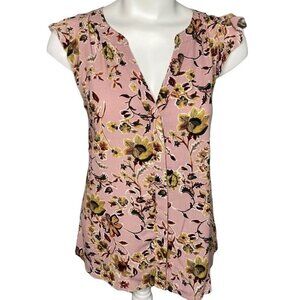 Sanctuary High Low Blouse Top Women's XS Pink White Yellow Floral Flutter-Sleeve